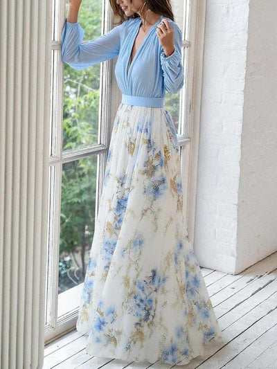 Beautiful Floral Pattern V-Neck Maxi Dress