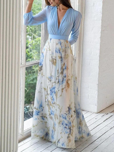 Beautiful Floral Pattern V-Neck Maxi Dress