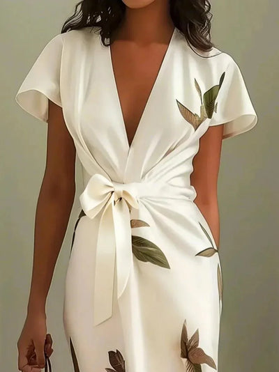 White Leaf Short Sleeve Satin Wrap Midi Dress