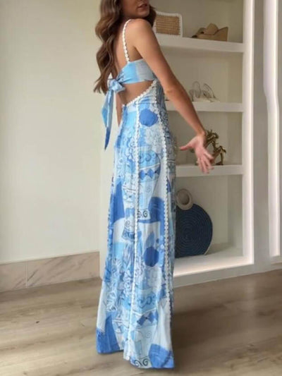 Halter Strap Lace Patchwork Printed Back Band Halter Flare Maxi Dresses