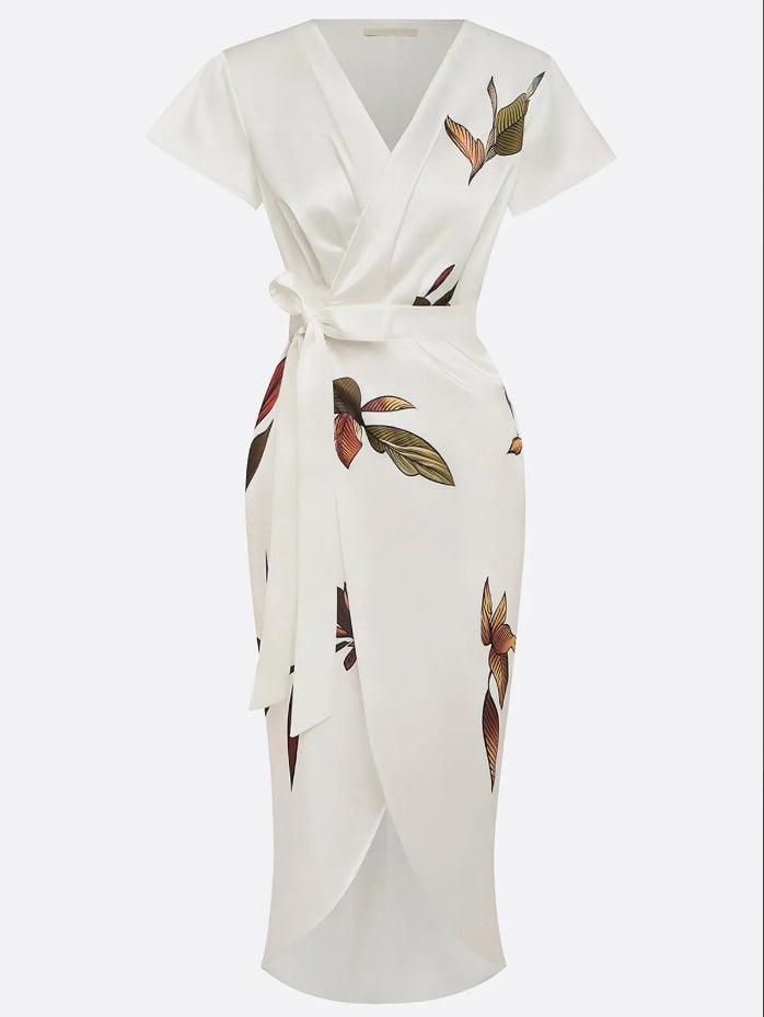 White Leaf Short Sleeve Satin Wrap Midi Dress