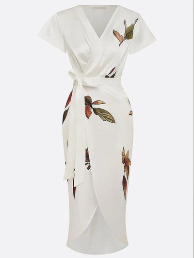 White Leaf Short Sleeve Satin Wrap Midi Dress