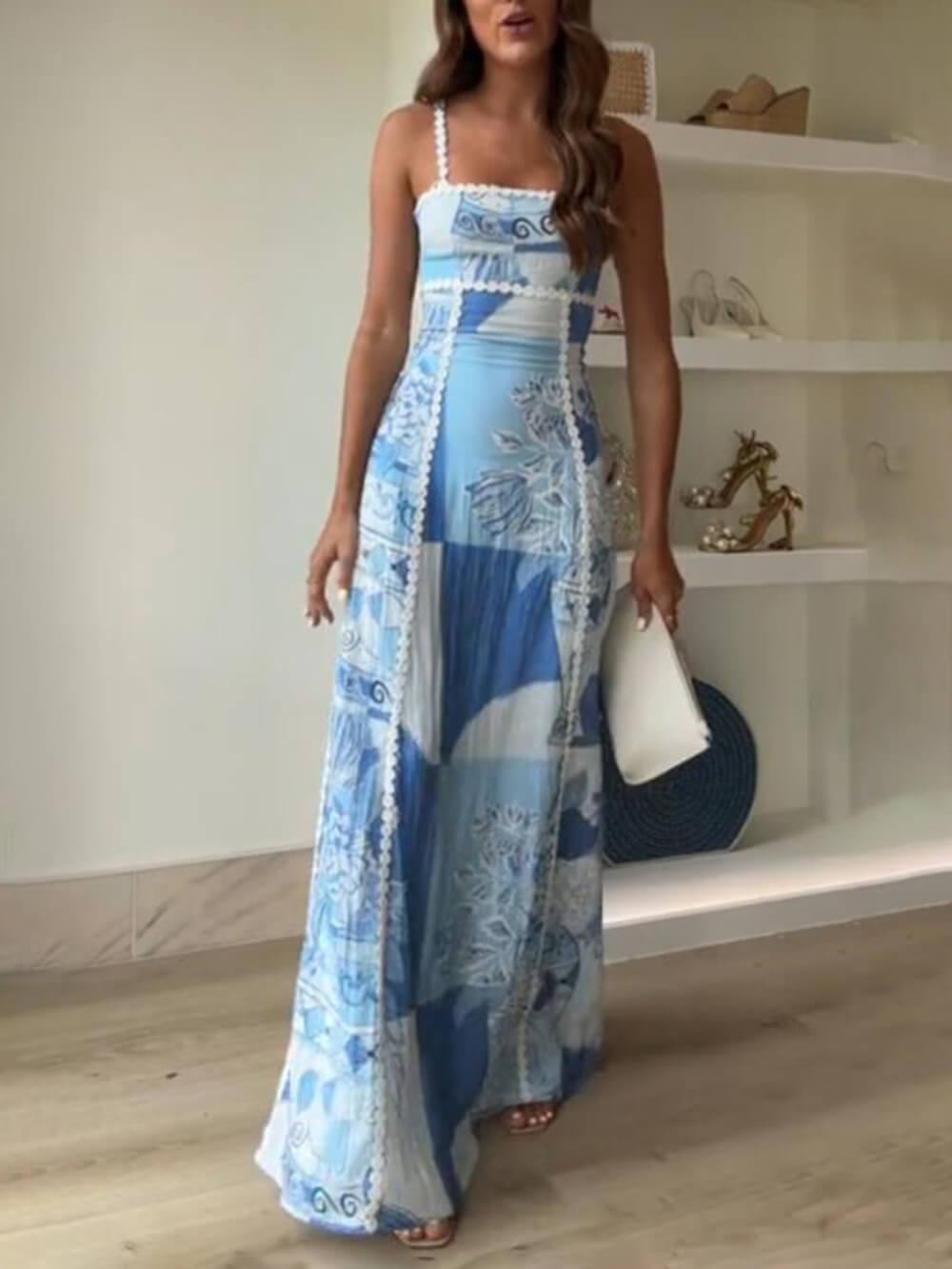 Halter Strap Lace Patchwork Printed Back Band Halter Flare Maxi Dresses