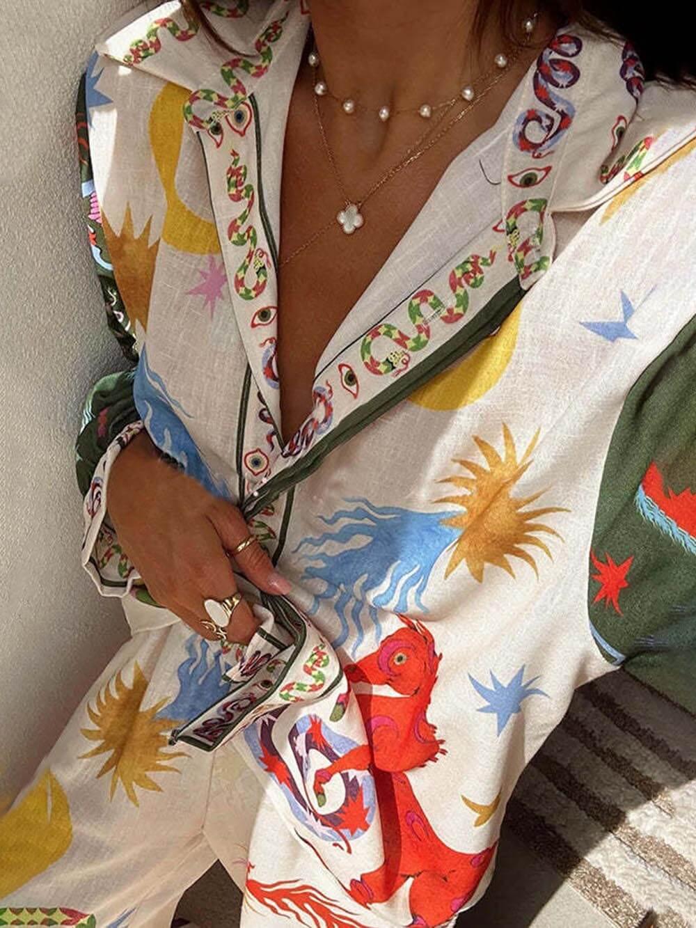 Beautiful Unique Print Long Sleeve Shirt and Elastic Pants Set