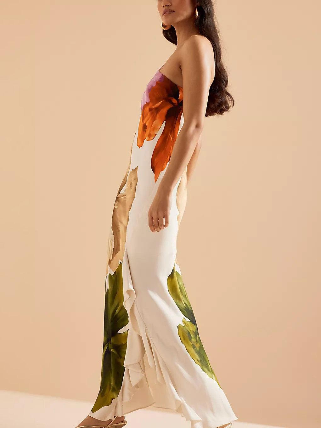 Elegant Exquisite Floral Print One-Shoulder Maxi Dress