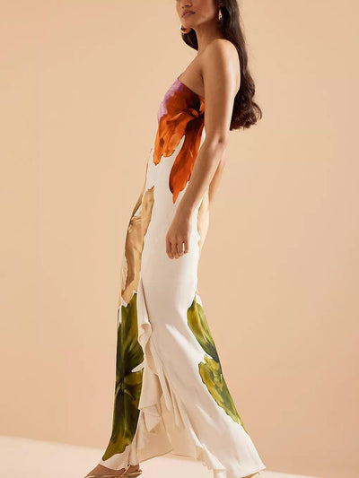Elegant Exquisite Floral Print One-Shoulder Maxi Dress