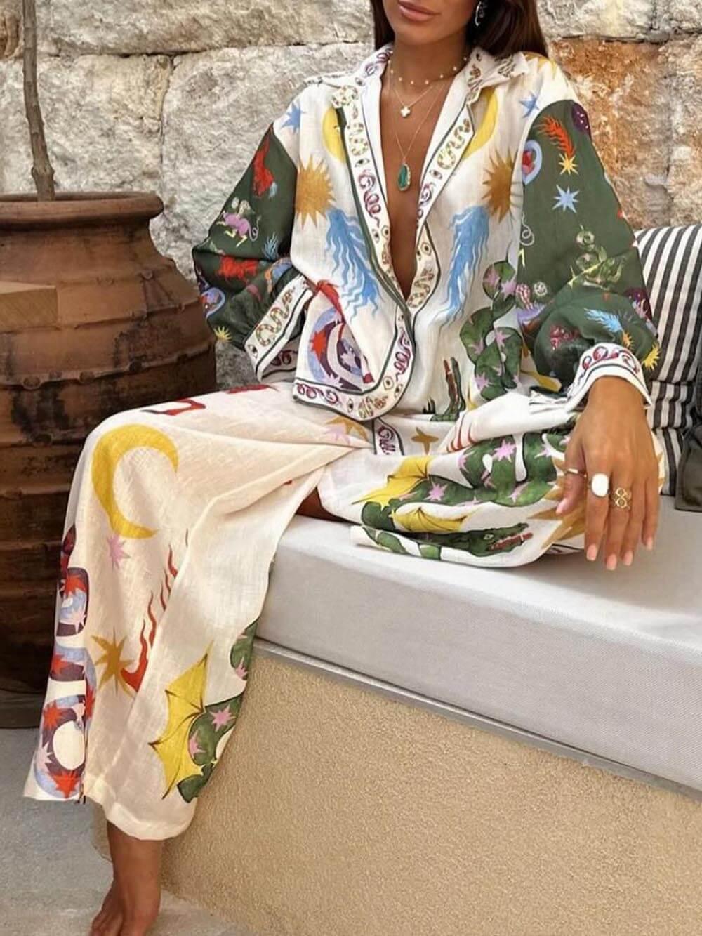 Beautiful Unique Print Long Sleeve Shirt and Elastic Pants Set