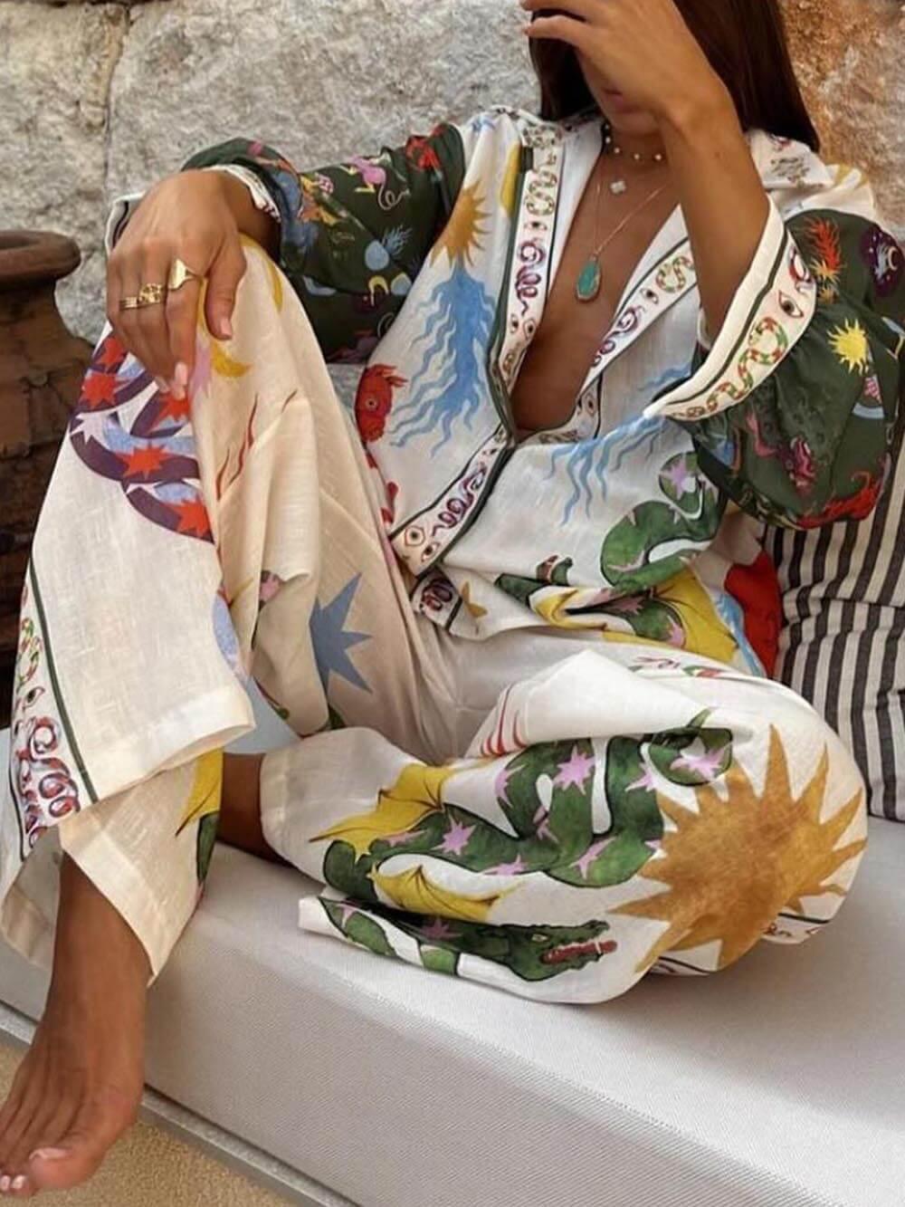 Beautiful Unique Print Long Sleeve Shirt and Elastic Pants Set