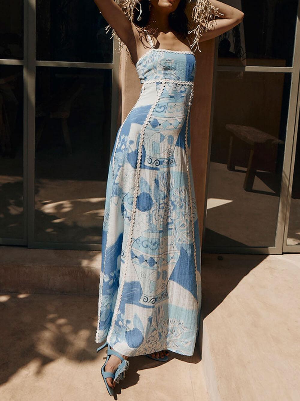 Halter Strap Lace Patchwork Printed Back Band Halter Flare Maxi Dresses