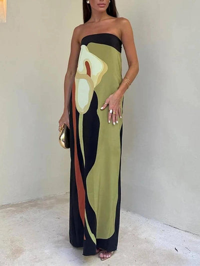 Strapless Color-Blocked Printed Maxi Dress for Parties