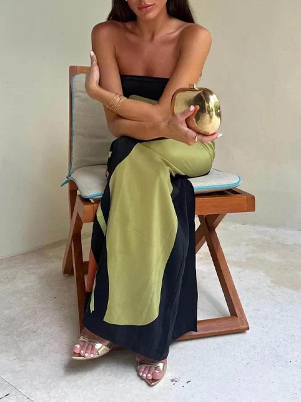 Strapless Color-Blocked Printed Maxi Dress for Parties