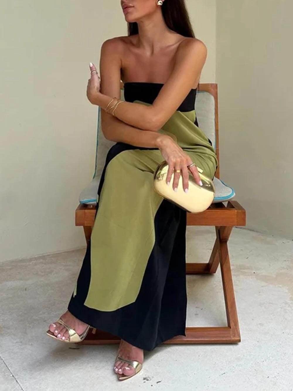 Strapless Color-Blocked Printed Maxi Dress for Parties