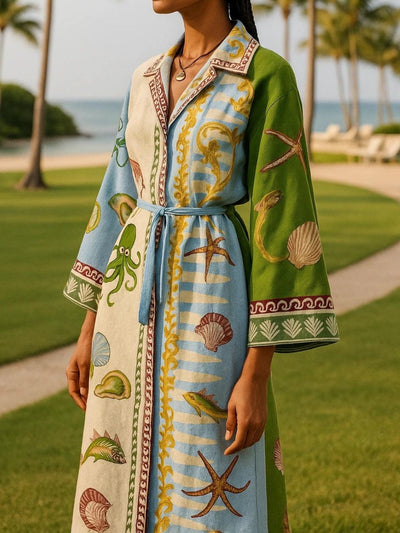Belt-Printed Twill Midi Shirt Dress