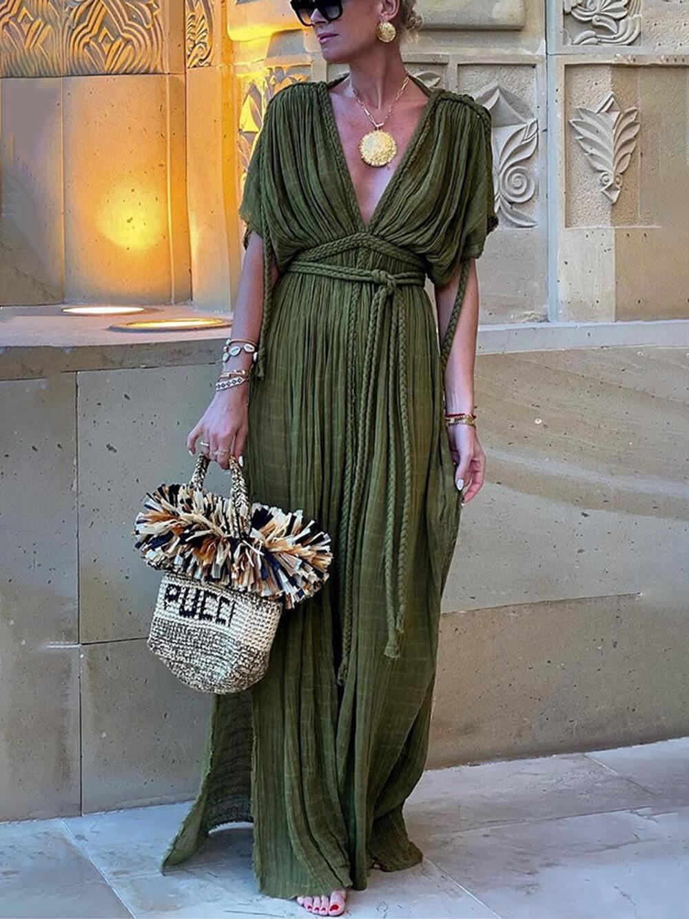 Kimono Draped Braids Cover-Up Slit Maxi Dress