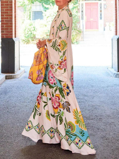 Exquisite Sunflower Pattern Flowing Maxi Dress