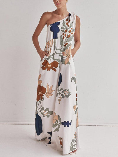 Printed Maxi Dress with One Shoulder Strap