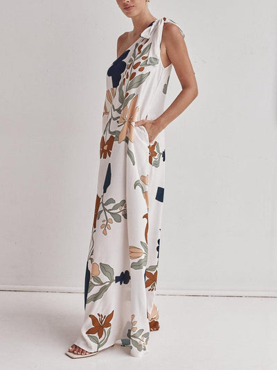 Printed Maxi Dress with One Shoulder Strap