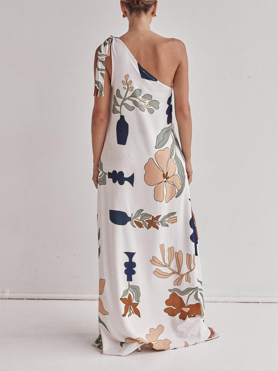 Printed Maxi Dress with One Shoulder Strap