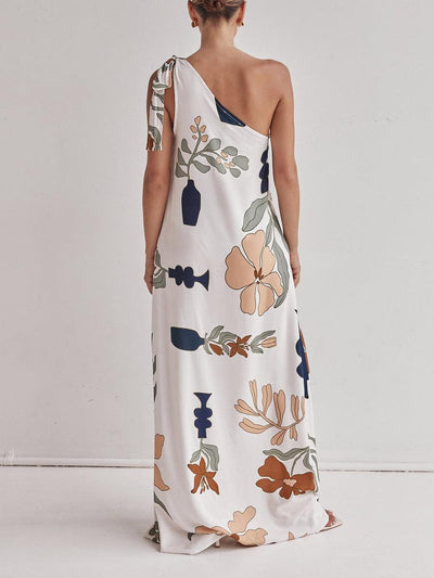 Printed Maxi Dress with One Shoulder Strap