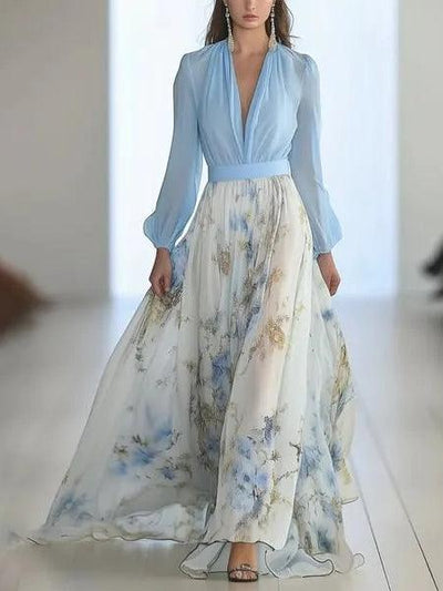 Beautiful Floral Pattern V-Neck Maxi Dress