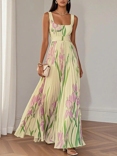 White Pleated Floral Chiffon Maxi Dress with Square Neckline and Sleeveless A-Line