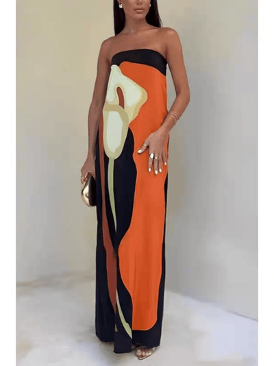 Strapless Color-Blocked Printed Maxi Dress for Parties