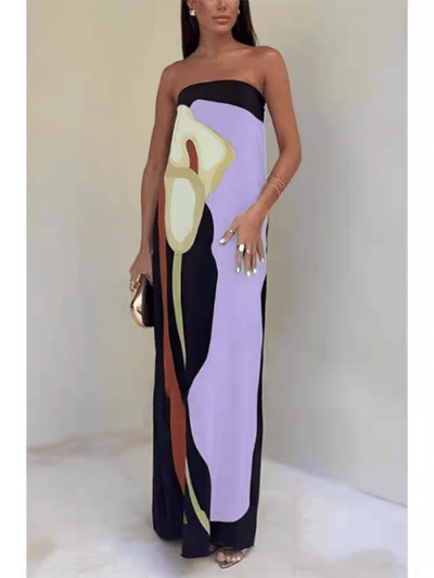Strapless Color-Blocked Printed Maxi Dress for Parties