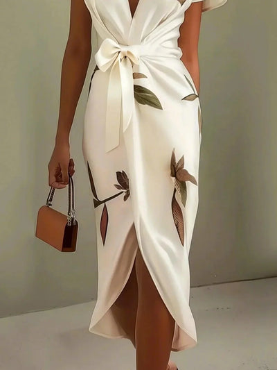 White Leaf Short Sleeve Satin Wrap Midi Dress