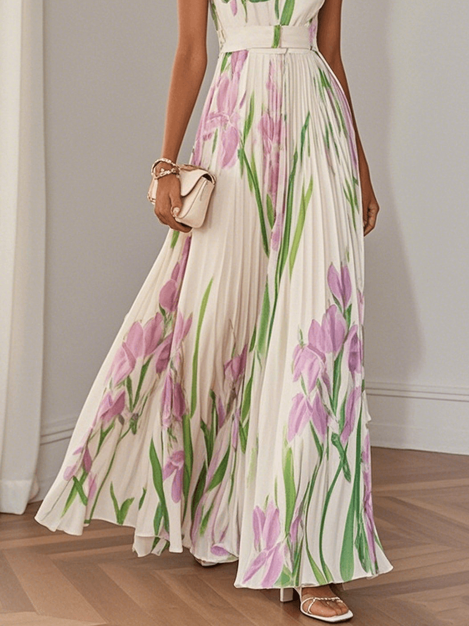White Pleated Floral Chiffon Maxi Dress with Square Neckline and Sleeveless A-Line