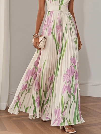 White Pleated Floral Chiffon Maxi Dress with Square Neckline and Sleeveless A-Line