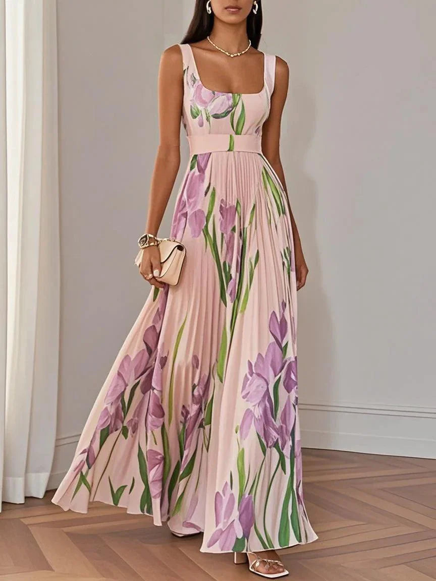 White Pleated Floral Chiffon Maxi Dress with Square Neckline and Sleeveless A-Line