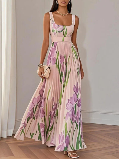 White Pleated Floral Chiffon Maxi Dress with Square Neckline and Sleeveless A-Line