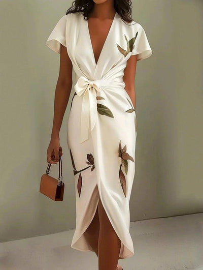 White Leaf Short Sleeve Satin Wrap Midi Dress