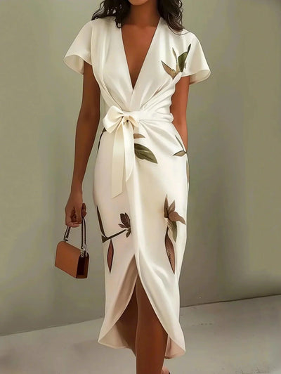 White Leaf Short Sleeve Satin Wrap Midi Dress