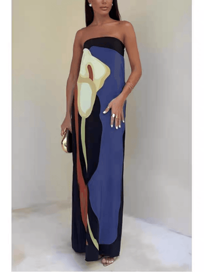 Strapless Color-Blocked Printed Maxi Dress for Parties