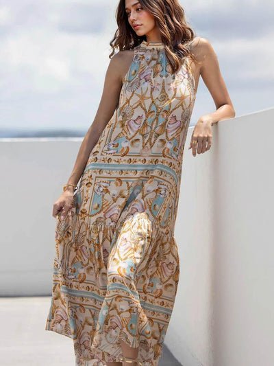 Exquisite Satin Maxi Dress with Ocean Treasure Print