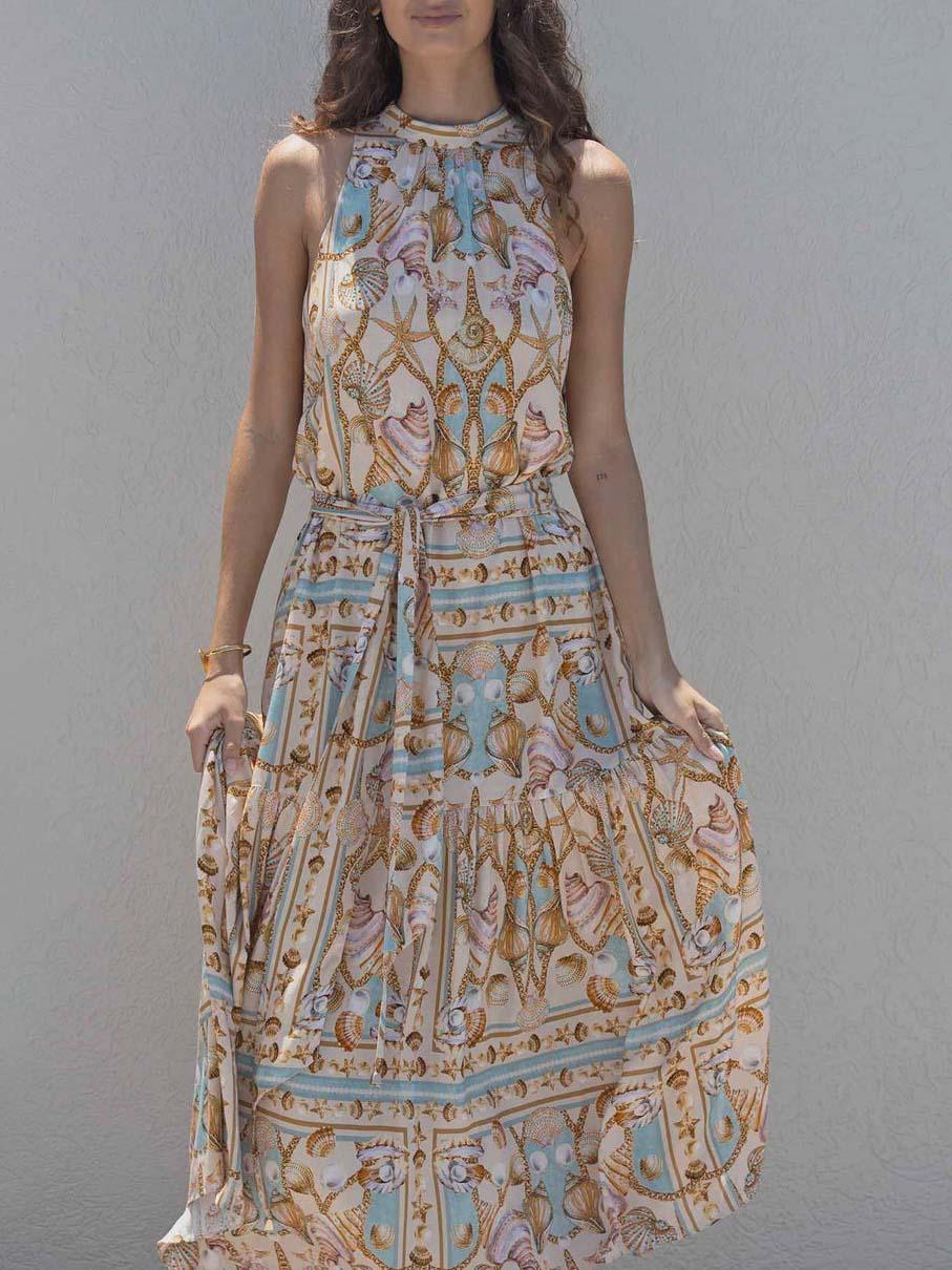 Exquisite Satin Maxi Dress with Ocean Treasure Print