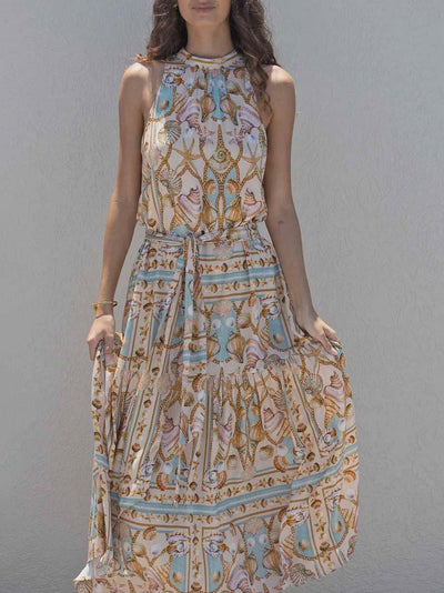 Exquisite Satin Maxi Dress with Ocean Treasure Print