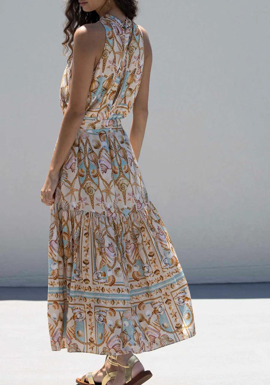 Exquisite Satin Maxi Dress with Ocean Treasure Print
