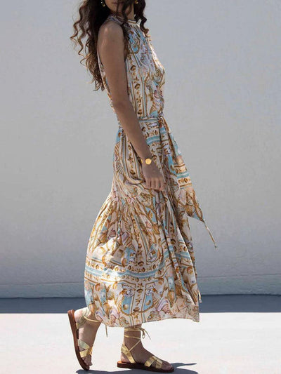 Exquisite Satin Maxi Dress with Ocean Treasure Print