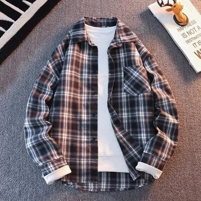 Bram - Spring Autumn Checkered Pattern Loose Long Sleeve Collar Men