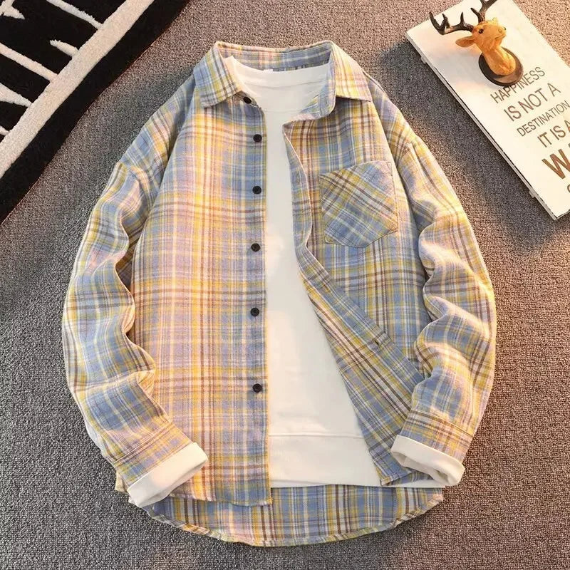 Bram - Spring Autumn Checkered Pattern Loose Long Sleeve Collar Men
