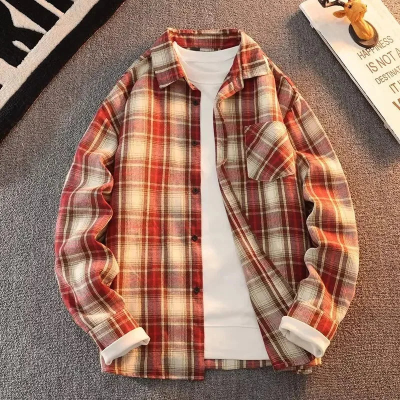 Bram - Spring Autumn Checkered Pattern Loose Long Sleeve Collar Men