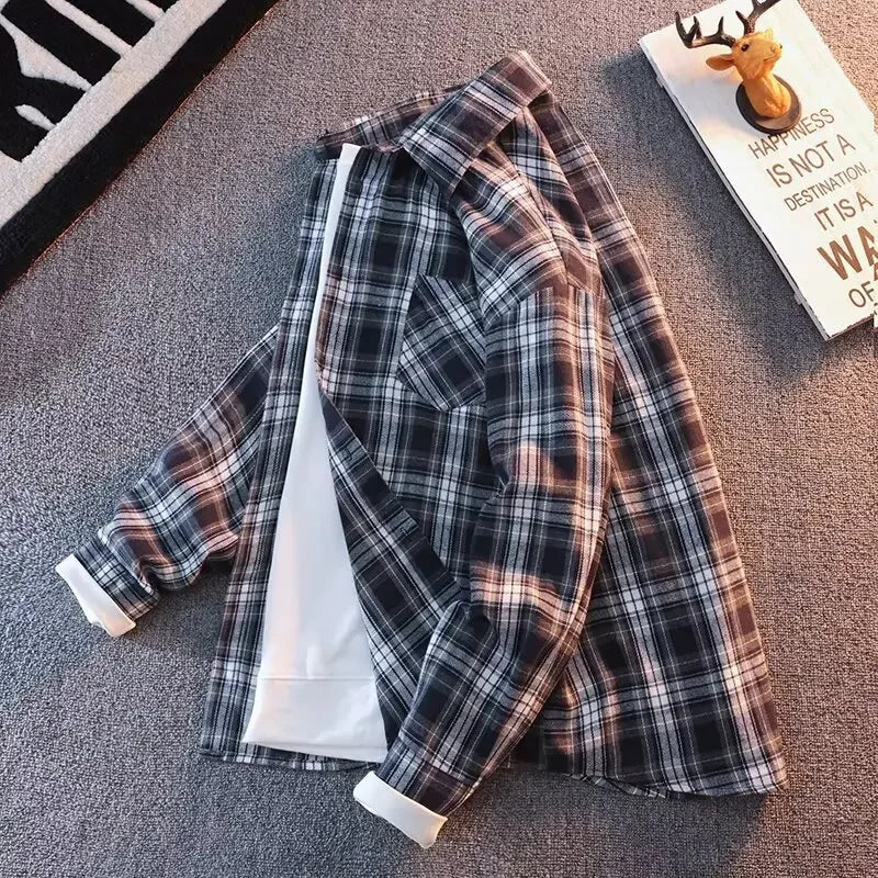 Bram - Spring Autumn Checkered Pattern Loose Long Sleeve Collar Men