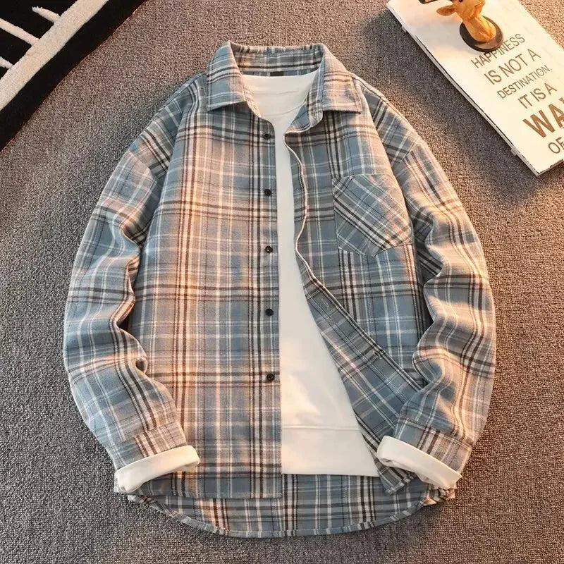 Bram - Spring Autumn Checkered Pattern Loose Long Sleeve Collar Men