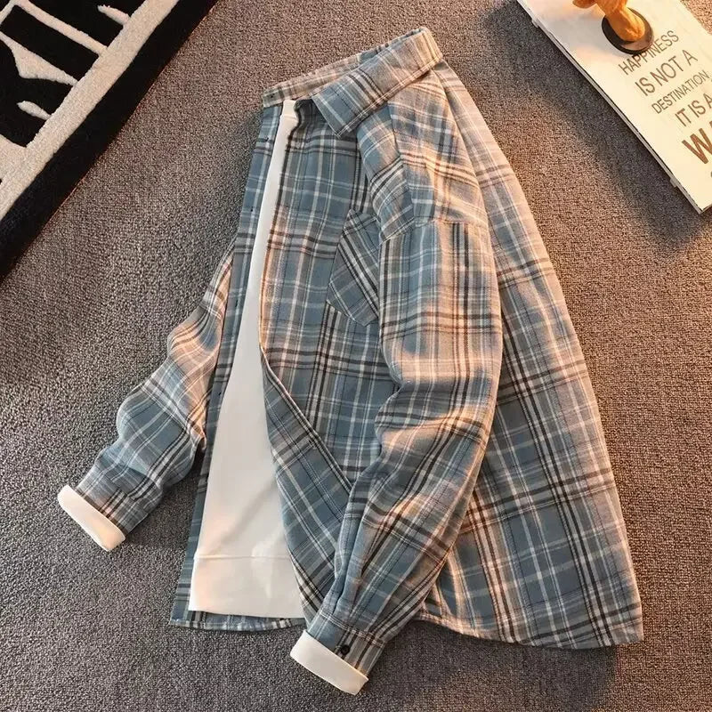 Bram - Spring Autumn Checkered Pattern Loose Long Sleeve Collar Men
