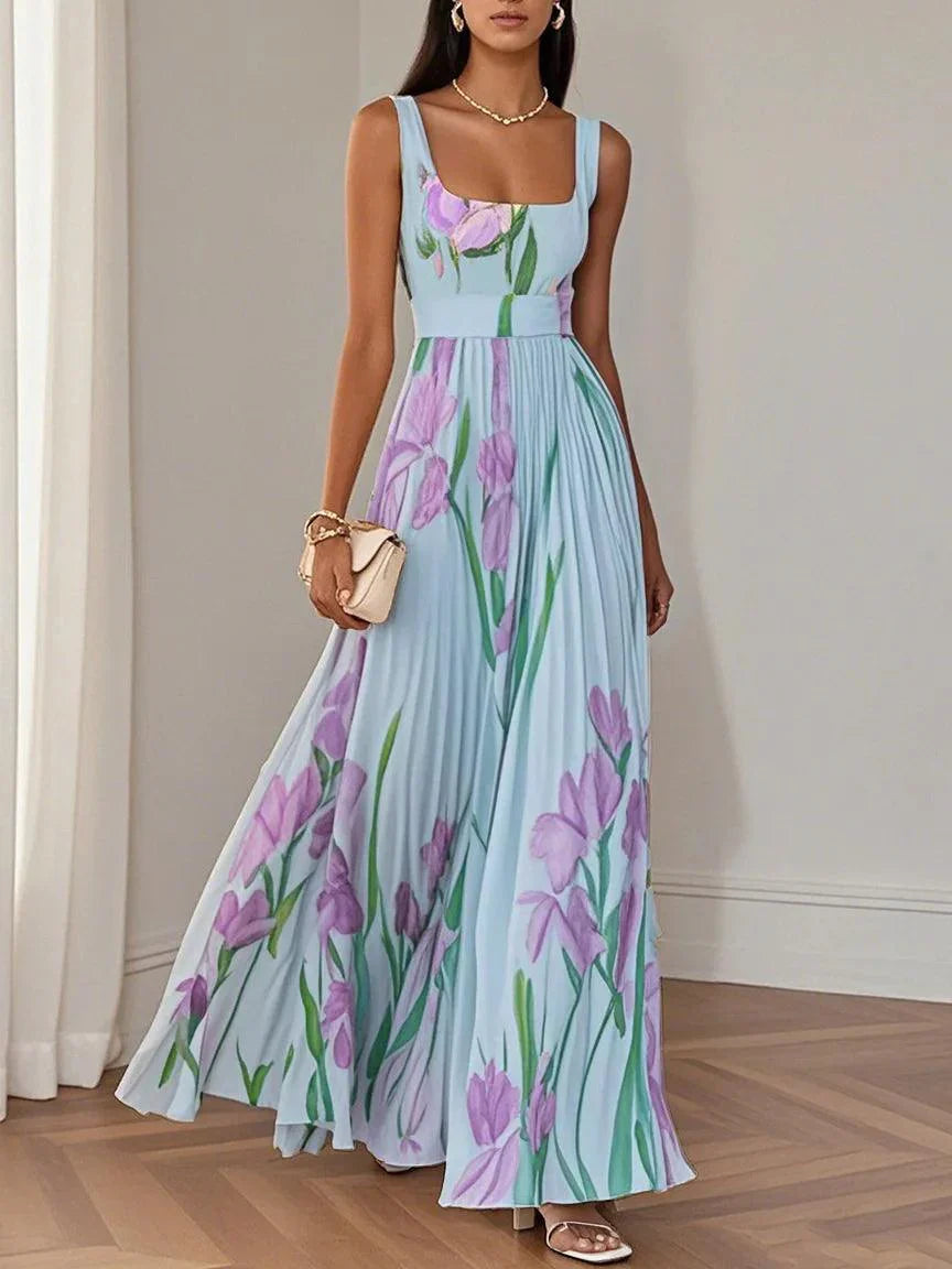 White Pleated Floral Chiffon Maxi Dress with Square Neckline and Sleeveless A-Line