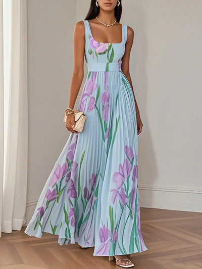 White Pleated Floral Chiffon Maxi Dress with Square Neckline and Sleeveless A-Line
