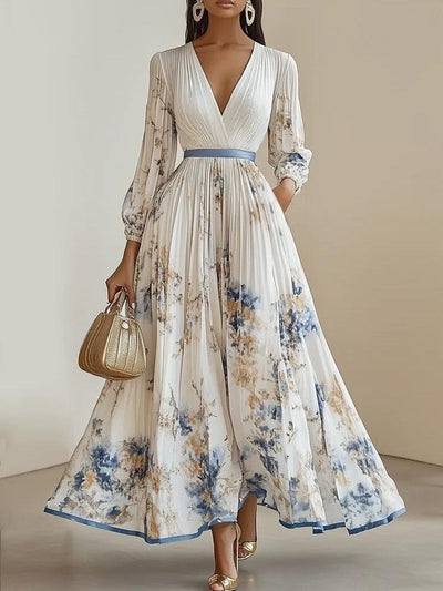 Spring New White Pleated Chiffon V-Neck Floral Long Sleeve Balloon Sleeve A-Line Maxi Dress