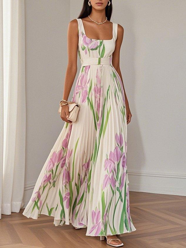 White Pleated Floral Chiffon Maxi Dress with Square Neckline and Sleeveless A-Line